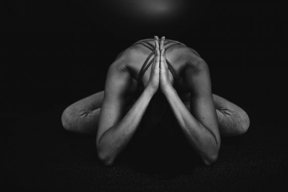 Yoga - grayscale photo of naked man